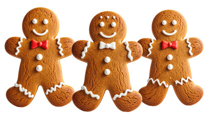 Three festive gingerbread men with bow ties and sweet frosting