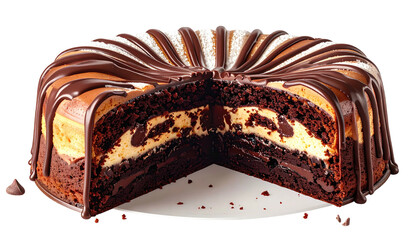 Cut chocolate cheesecake bundt with drizzle and powdered sugar