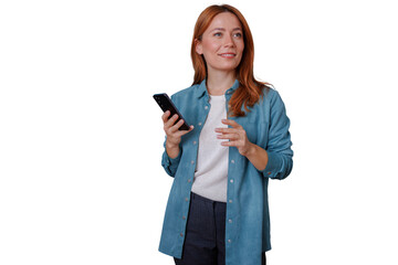 Woman holding phone and looking away, smiling while texting, using mobile app or checking social media, transparent background