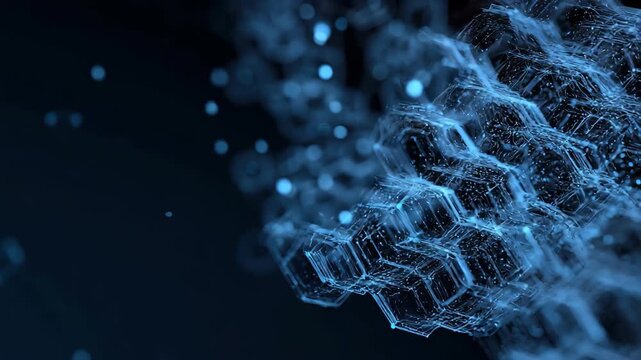 Intricate blockchain technology represented by a dynamic abstract hexagon pattern shining against a dark background