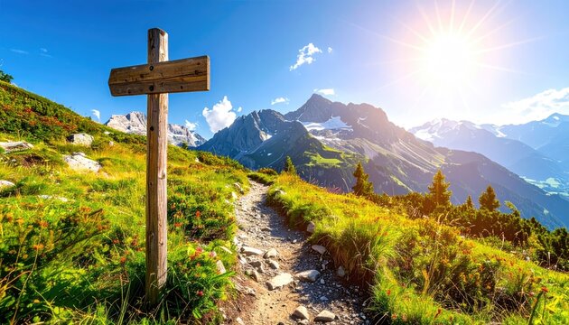 Wooden Trail Marker Signpost on a Lush Green Mountain Path with Wildflowers and Distant Peaks Under a Bright Sunny Sky with Lens Flare - Powered by Adobe