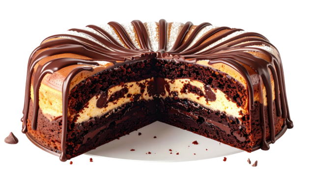 Cut chocolate cheesecake bundt with drizzle and powdered sugar