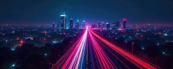 A futuristic cityscape at night, glowing fiber optic cables forming a complex network, representing the digital infrastructure of the information highway , night, neon, transmission