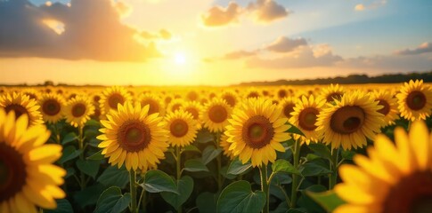 Obraz premium A field of sunflowers bathed in the golden light of sunrise, vibrant and overwhelmingly bright, conveying a sense of joyful deception or a hidden truth , fairytale, majestic, rural