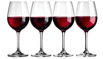 Four clear wine glasses, each half-filled with dark red wine
