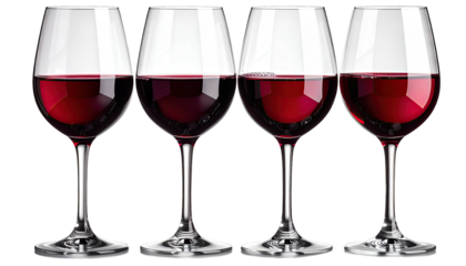 Four clear wine glasses, each half-filled with dark red wine
