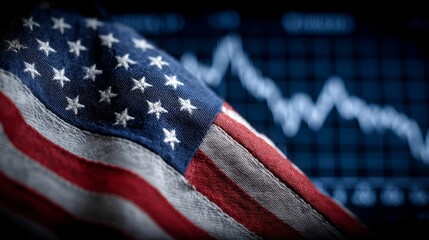 Visualizing economic decline: us flag overlaid on falling stock figures. Premium design. Navy blue downturn: us flag waving before plummeting stocks. Majestic beauty. High-end fashion.