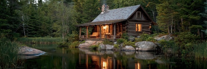 Obraz premium Minnesota Cabin. Cozy Log Cabin Near Water in the Wilderness