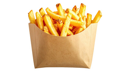 Crispy golden french fries in a brown paper container