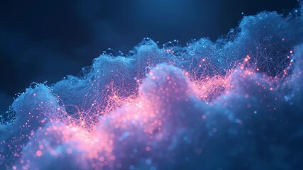 Soft light wave traveling across data field animating mesh filaments and pulsing pink nodes - Powered by Adobe