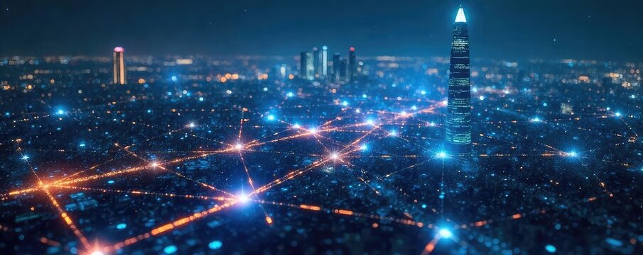 A futuristic cityscape at night, holographic projections of interconnected nodes forming a complex network, representing the blueprint of the internet , connectivity, information, lines