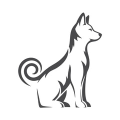 Stylized Gray Dog Silhouette Sitting with Curled Tail on White