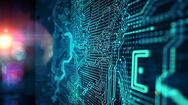 Powering neon blue circuit in network, pulsing glow and orange data pulse moving pathways
