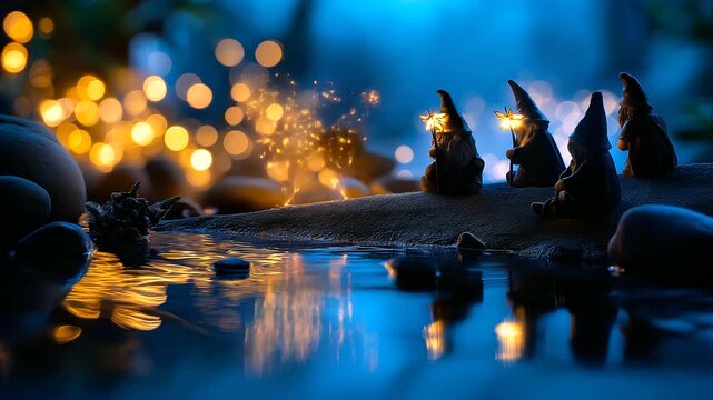 Dreamlike defocused scene &mdash; silhouettes of gnomes and elves gathered near a glowing pond, fairies illuminating the night air, with copy space.