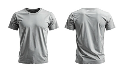 Two gray t-shirts shown, front and back, on a black background