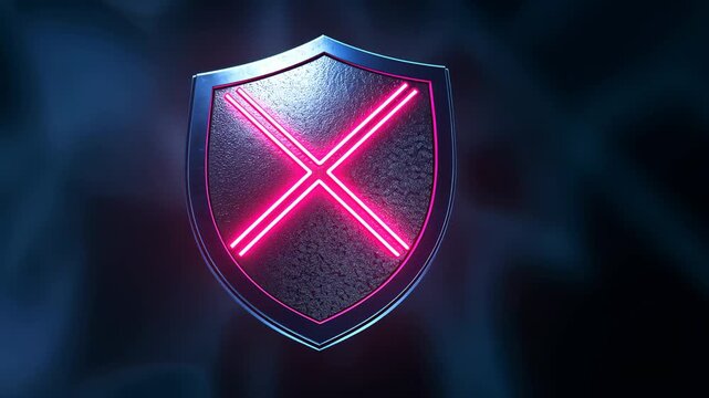 Scene starting shield bearing neon pink X rotating around vertical axis in dark mist environment