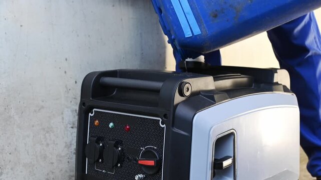 Man starts a gasoline-powered portable inverter generator. A worker pours fuel into a generator closeup open the fuel tank cap