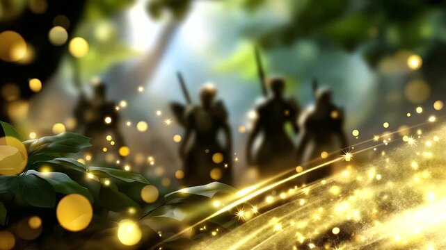 Faceless elves and giants working together in the background of a blurred enchanted glade, golden mist and radiant sparkles filling the air, with copy space.