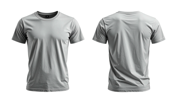 Two gray t-shirts shown, front and back, on a black background