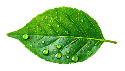 Bright green leaf with water droplets on a black background