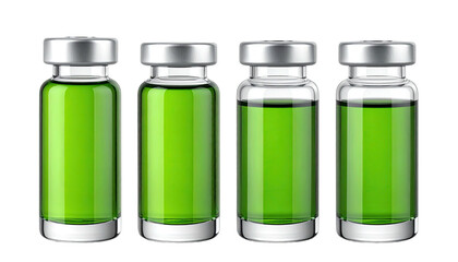 Four clear vials filled with green liquid, silver caps
