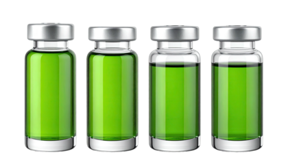 Four clear vials filled with green liquid, silver caps