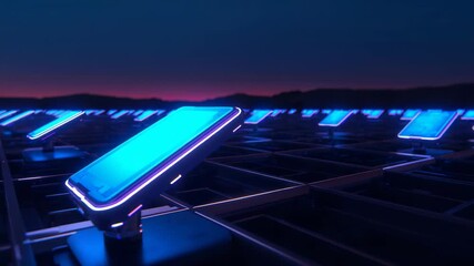 Shifting camera revealing glowing blue panel on metallic grid platform at dusk, with panel rows - Powered by Adobe