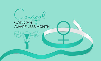 Cervical Cancer Awareness Month promotes prevention and early detection. Support women’s health with teal and white ribbons and awareness campaigns. Banner poster background design template. Vector.