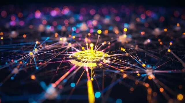 Materializing central network hub pulsing rhythmic waves across grid plane, syncing glowing nodes
