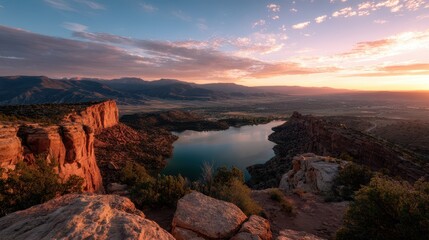 Fototapeta premium Monument Lake Colorado. Stunning Sunrise Hike in Grand Junction, Landscape with Mountain View