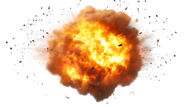 Dramatic explosion with fire and debris against a creating a powerful effect