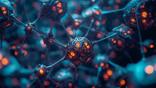 Camera pulling back, rotating around central lit polyhedral node in dark space with pulsing nodes