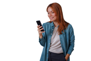 Redhead woman smiling, using smartphone for communication and social networking on transparent background