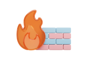 Isolated firewall security concept with brick wall and flame, internet protection solution