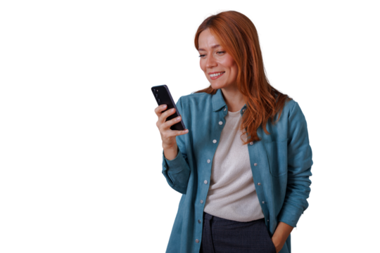Redhead woman smiling, using smartphone for communication and social networking on transparent background - Powered by Adobe