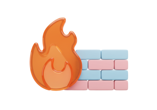 Isolated firewall security concept with brick wall and flame, internet protection solution