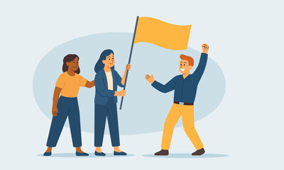 Flat vector illustration of a diverse office team celebrating success with a flag. Symbol of teamwork, leadership, cooperation, and shared achievement. 