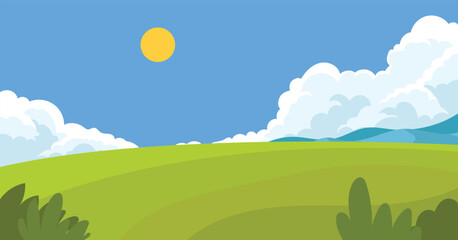 Landscape green hills and clouds with sun