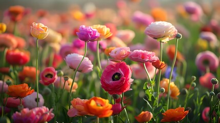 A field of colorful ranunculus flowers blooming in soft light during the springtime
