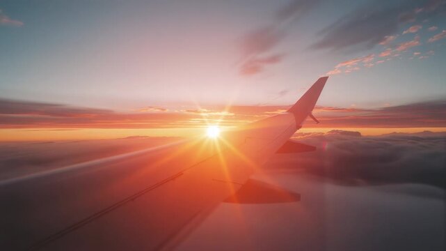 Rising sun illuminating airplane wing slicing through clouds at dawn, revealing blended winglet