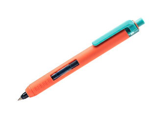 Isolated writing instrument, ergonomic orange pen with turquoise clip on neutral surface