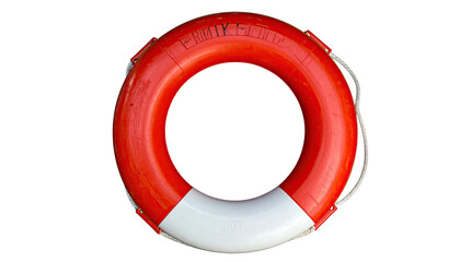 Orange life buoy with white accent, against black background