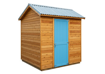 Isolated Wood Shed with Blue Door, Exterior, Weatherproof, Storage Unit, Garden Building