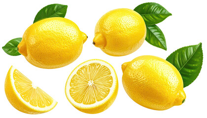 Citrus lemons, sliced halves & leaf accents on black background