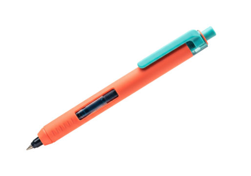 Isolated writing instrument, ergonomic orange pen with turquoise clip on neutral surface