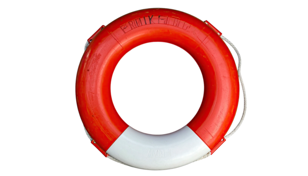 Orange life buoy with white accent, against black background