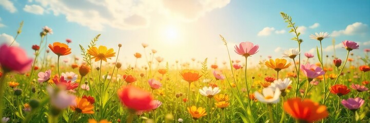 A vibrant sunlit field of wildflowers swaying gently in the breeze, embodying pure joy and carefree bliss Perfect for concepts of serenity, peace, and positive emotions , calm, well-being, uplifting