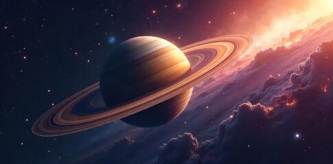 Naklejka premium Awe-inspiring cosmic scene depicting Saturn's rings, majestic and vast, against a backdrop of swirling nebulae and distant stars A breathtaking celestial panorama , majestic, discovery
