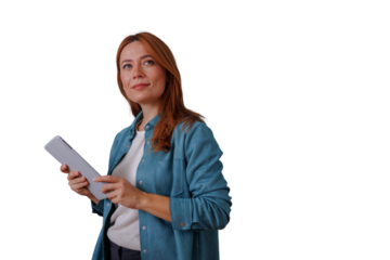 Redhead woman holding tablet looking up, smiling reflecting on ideas for future innovation on transparent background