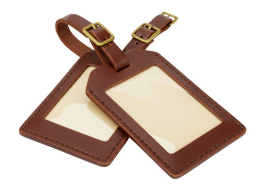 Isolated pair of brown leather luggage tags with brass buckles, simple design, travel accessory